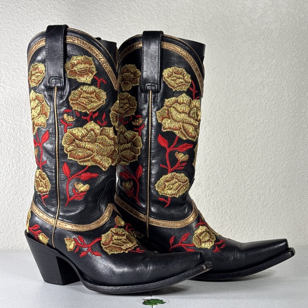 Lucchese Black Cowboy Boots Womens 6 C Gold & Red Roses Embroidered Western Chic